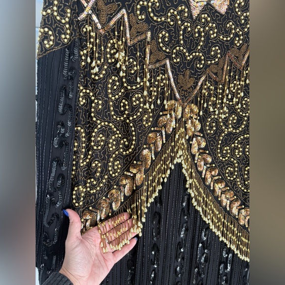 Rosita vintage black silk fully beaded and sequined long-sleeve evening gown 3X - Picture 6 of 16